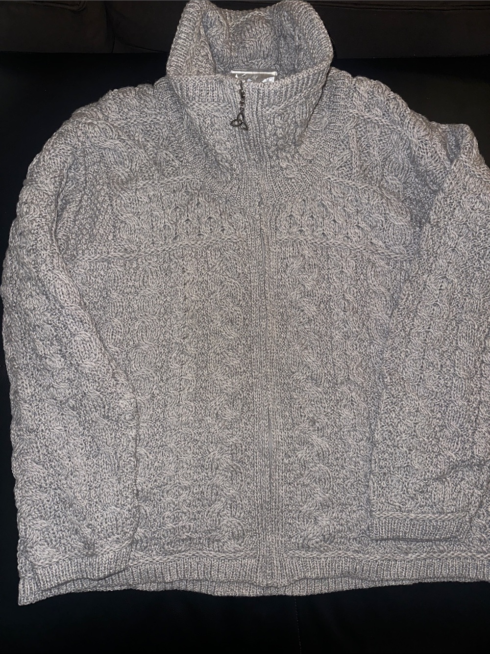 Double Collar Zip Merino Aran Cardigan XL - Picture 2 of 5